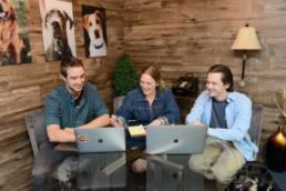 three marketing professionals sit in an office looking at two laptop screens on the table in front of them